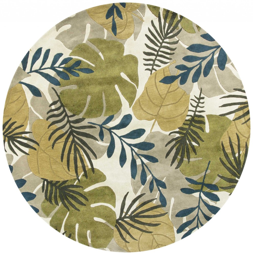 8' X 11' Ivory Green And Blue Wool Botanical Leaves Hand Tufted Area Rug