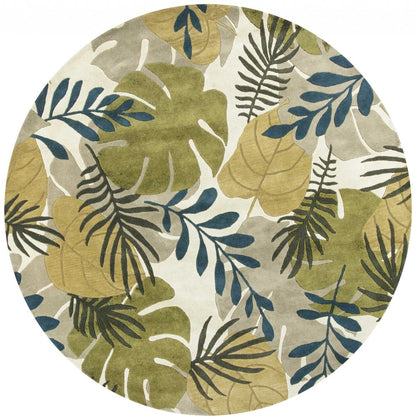 8' X 11' Ivory Green And Blue Wool Botanical Leaves Hand Tufted Area Rug