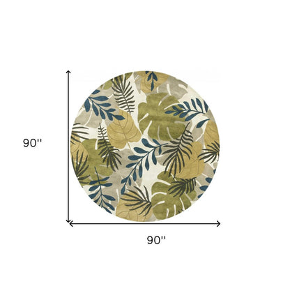 8' Ivory Green And Blue Wool Botanical Leaves Hand Tufted Runner Rug