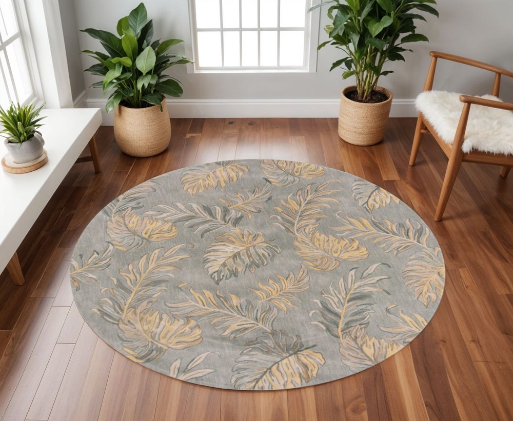 8' X 11' Gray And Taupe Wool Botanical Leaves Hand Tufted Area Rug