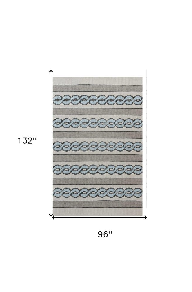 8' X 11' Ivory Light Blue And Gray Geometric Hand Hooked Area Rug