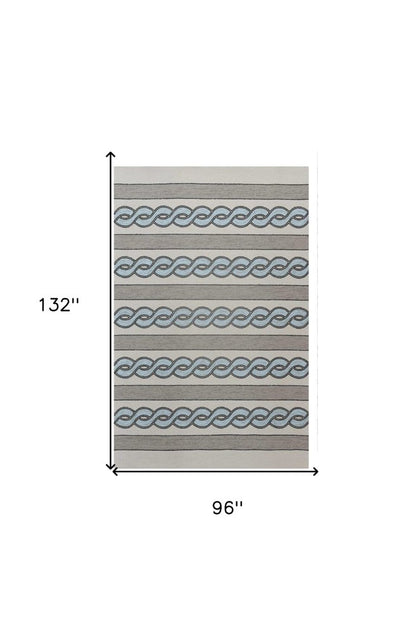 8' X 11' Ivory Light Blue And Gray Geometric Hand Hooked Area Rug