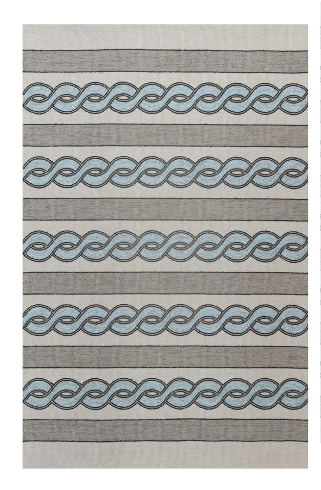 8' X 11' Ivory Light Blue And Gray Geometric Hand Hooked Area Rug