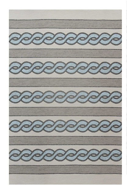8' X 11' Ivory Light Blue And Gray Geometric Hand Hooked Area Rug