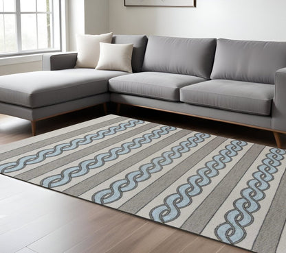 8' X 11' Ivory Light Blue And Gray Geometric Hand Hooked Area Rug