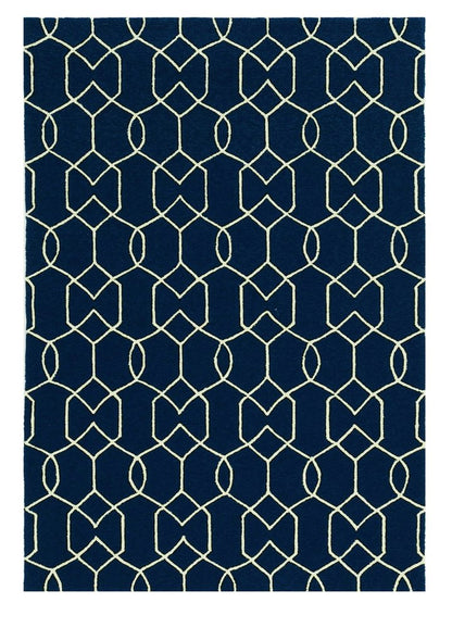 7' Navy Blue And White Round Moroccan Handmade Indoor Outdoor Area Rug