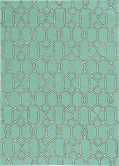 5' X 7' Green and Ivory Geometric Hand Hooked Area Rug