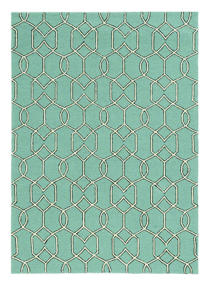 5' X 7' Green and Ivory Geometric Hand Hooked Area Rug