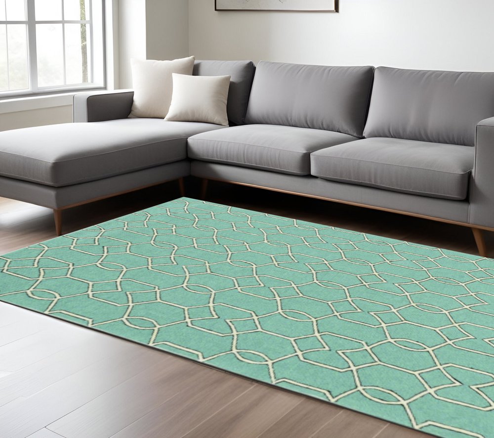 5' X 7' Green and Ivory Geometric Hand Hooked Area Rug