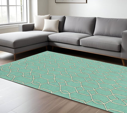 5' X 7' Green and Ivory Geometric Hand Hooked Area Rug