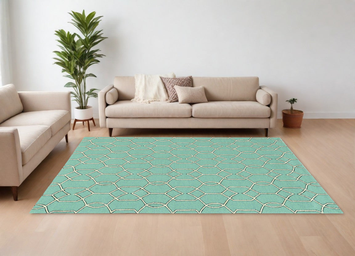 5' X 7' Green and Ivory Geometric Hand Hooked Area Rug