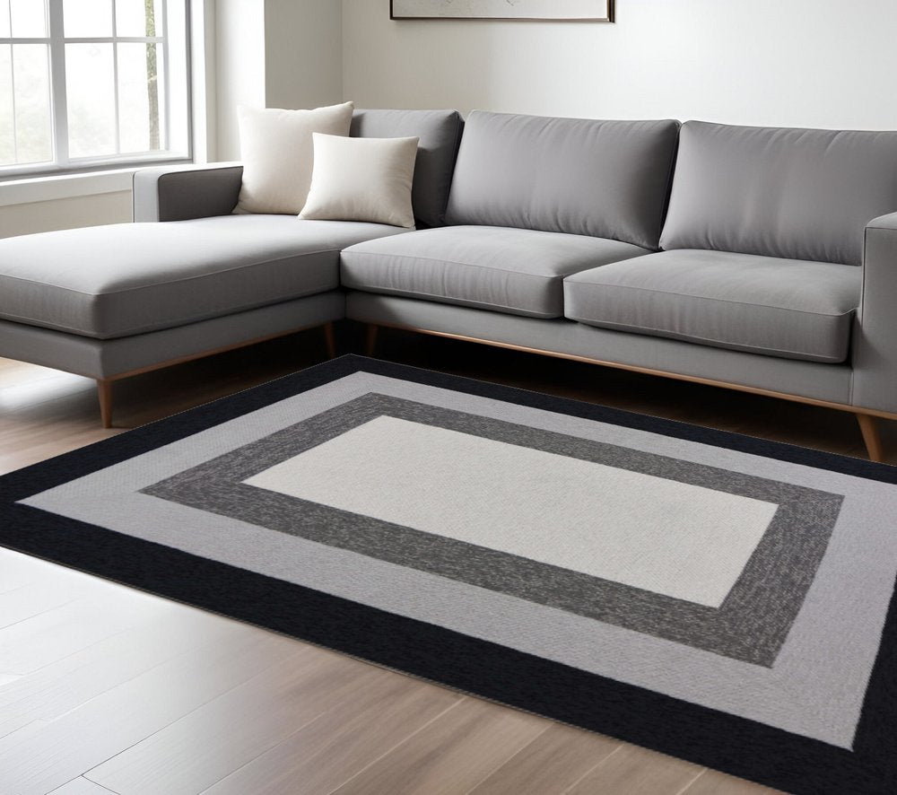 8' X 11' Black And Gray Geometric Hand Hooked Area Rug