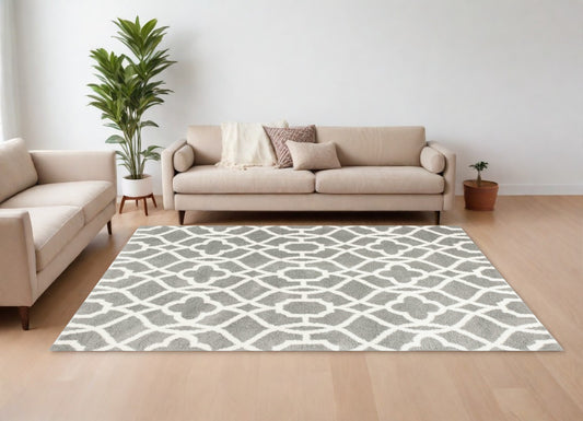 8' X 11' Grey Ivory Machine Woven Ogee Indoor Shag Area Rug