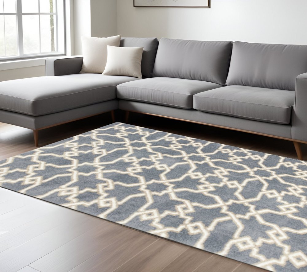 7' X 10' Slate Blue And Ivory Geometric Area Rug