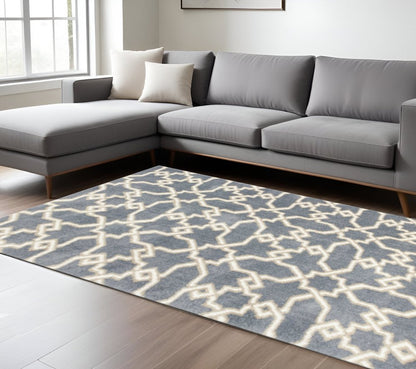 7' X 10' Slate Blue And Ivory Geometric Area Rug