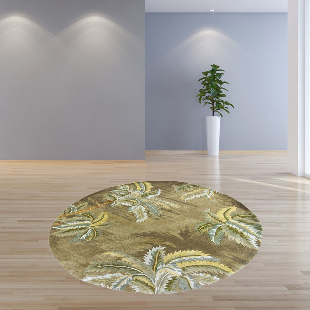 8' X 11' Moss Green And Yellow Wool Tropical Botanical Hand Tufted Area Rug