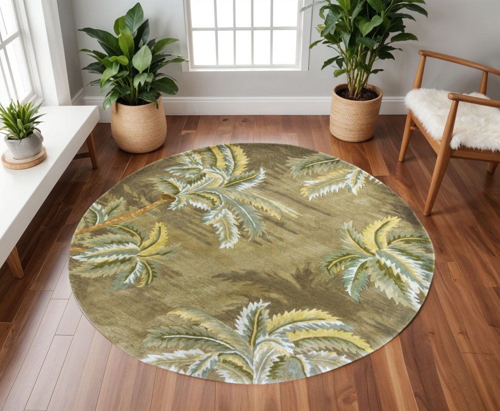8' X 11' Moss Green And Yellow Wool Tropical Botanical Hand Tufted Area Rug