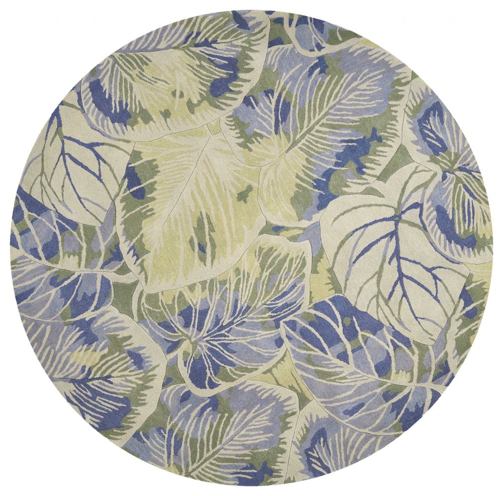 3' X 5' Blue Green And Beige Wool Tropical Botanical Hand Tufted Area Rug