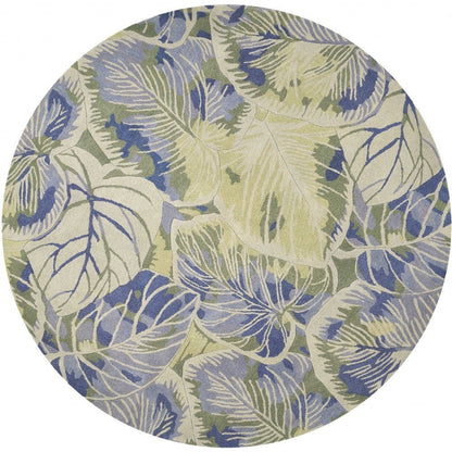 10' Blue Green And Beige Wool Tropical Botanical Hand Tufted Runner Rug
