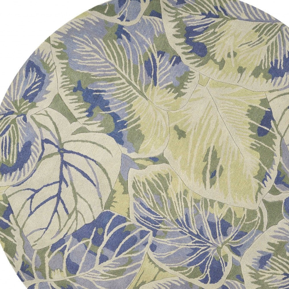 10' Blue Green And Beige Wool Tropical Botanical Hand Tufted Runner Rug