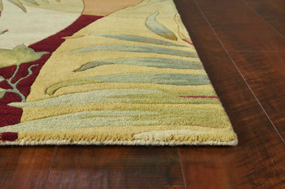 4' X 6' Coral Green And Ivory Wool Tropical Botanical Hand Tufted Area Rug