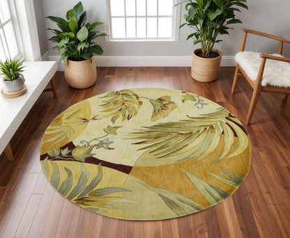 5' X 8' Coral Green And Ivory Wool Tropical Botanical Hand Tufted Area Rug