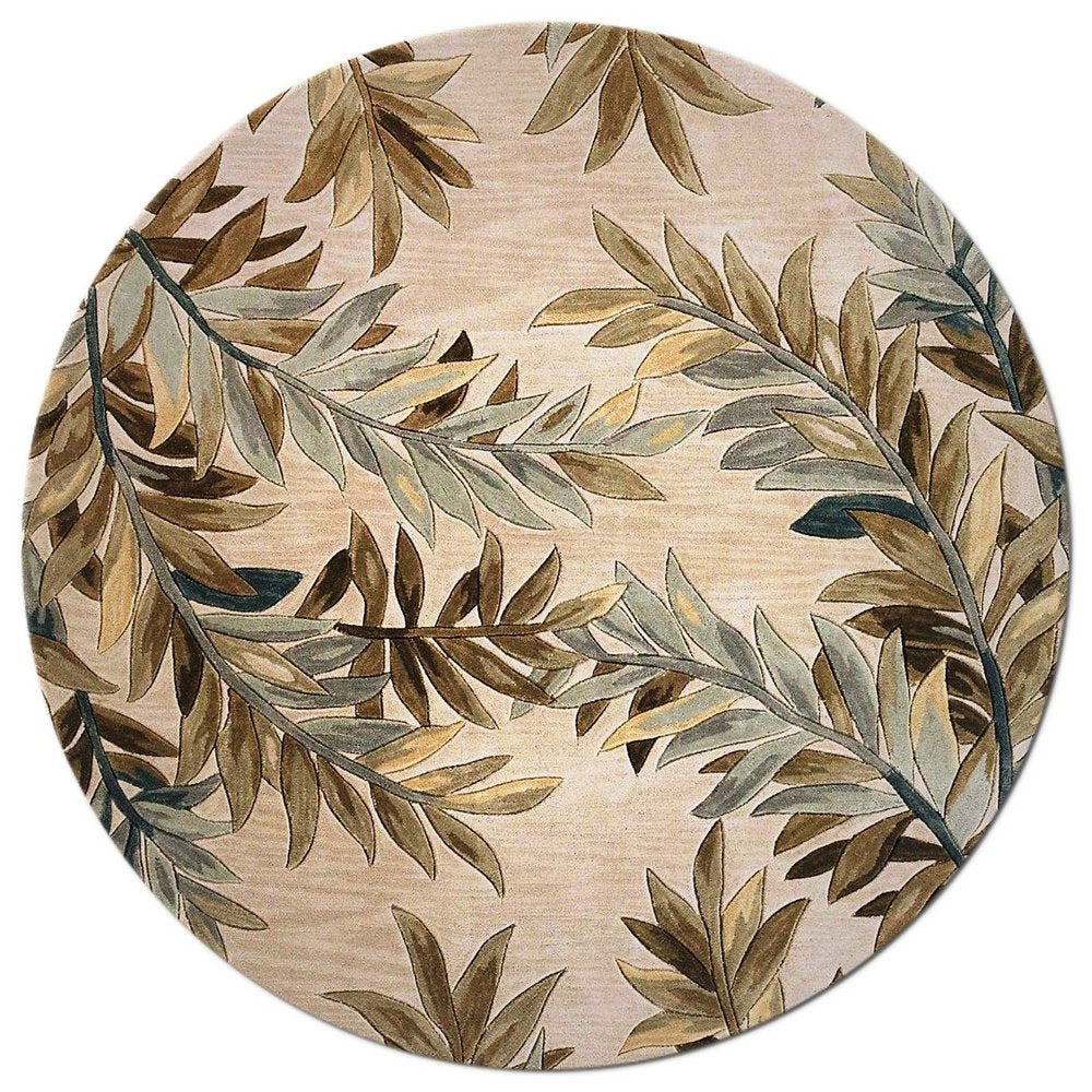 7' X 9' Ivory Brown And Blue Wool Botanical Leaves Hand Tufted Area Rug