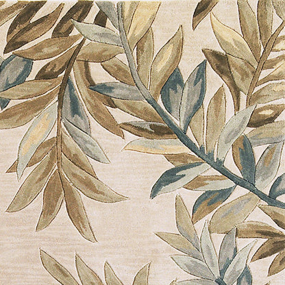 5' X 8' Ivory Brown And Blue Wool Botanical Leaves Hand Tufted Area Rug