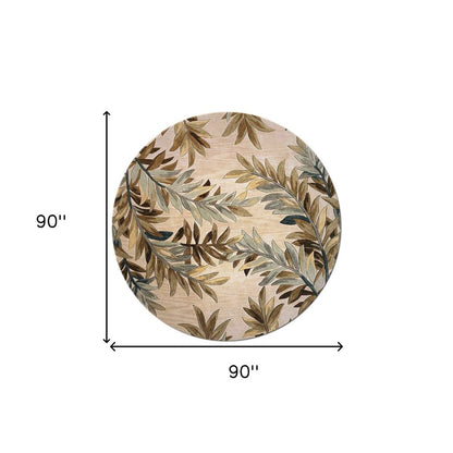 7' Ivory Brown And Blue Wool Botanical Leaves Hand Tufted Round Rug