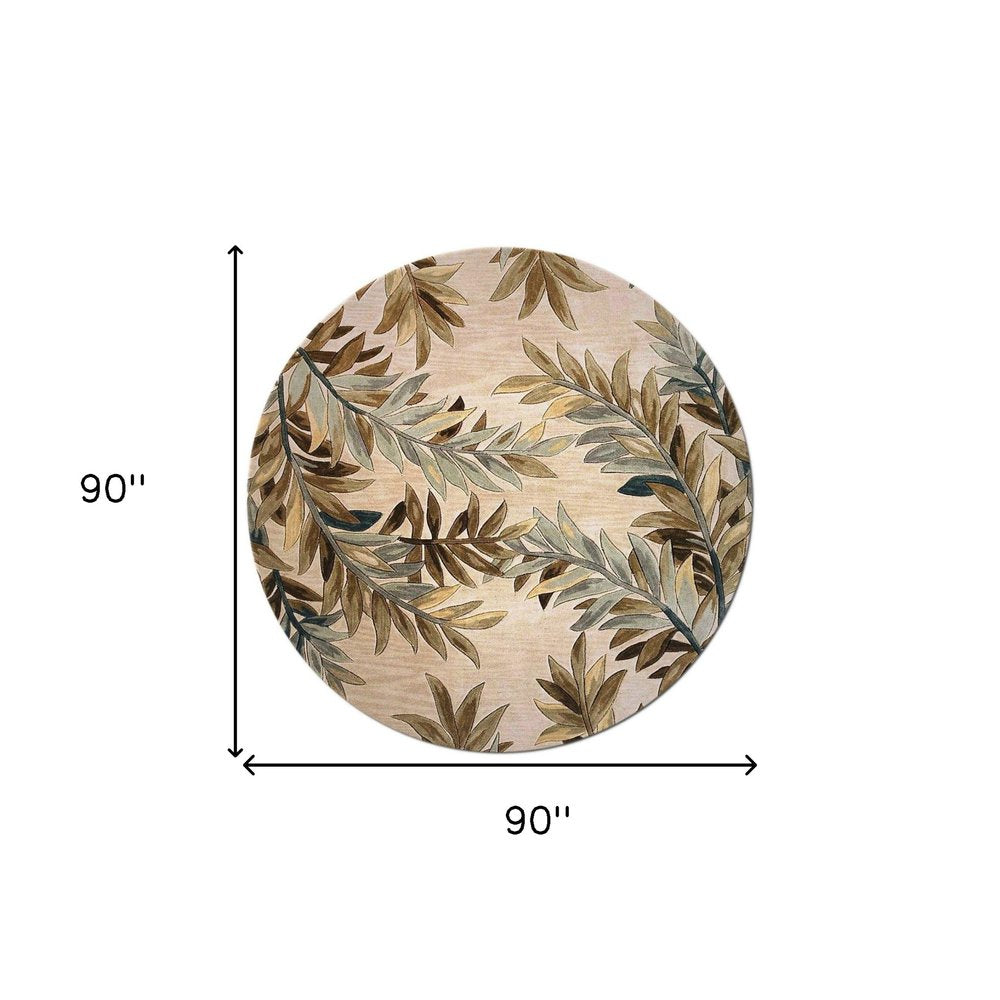 7' X 9' Ivory Brown And Blue Wool Botanical Leaves Hand Tufted Area Rug