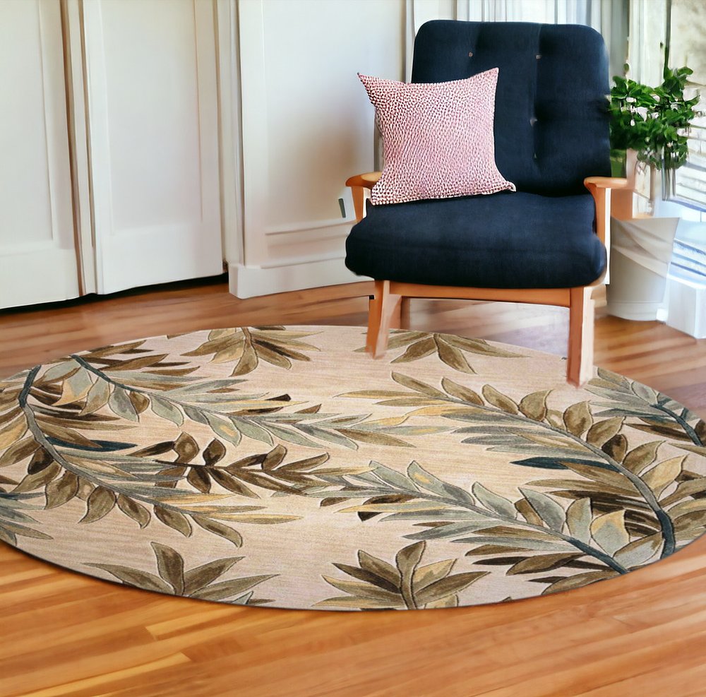 7' X 9' Ivory Brown And Blue Wool Botanical Leaves Hand Tufted Area Rug