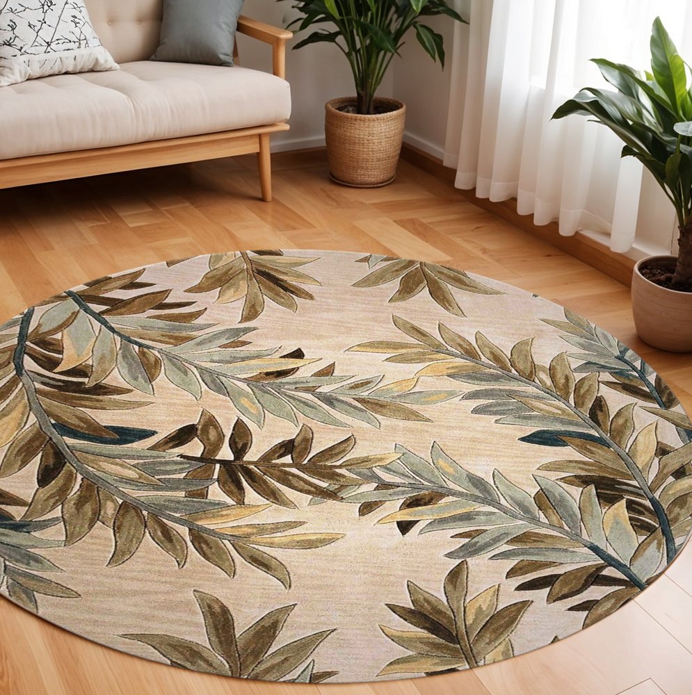 7' X 9' Ivory Brown And Blue Wool Botanical Leaves Hand Tufted Area Rug