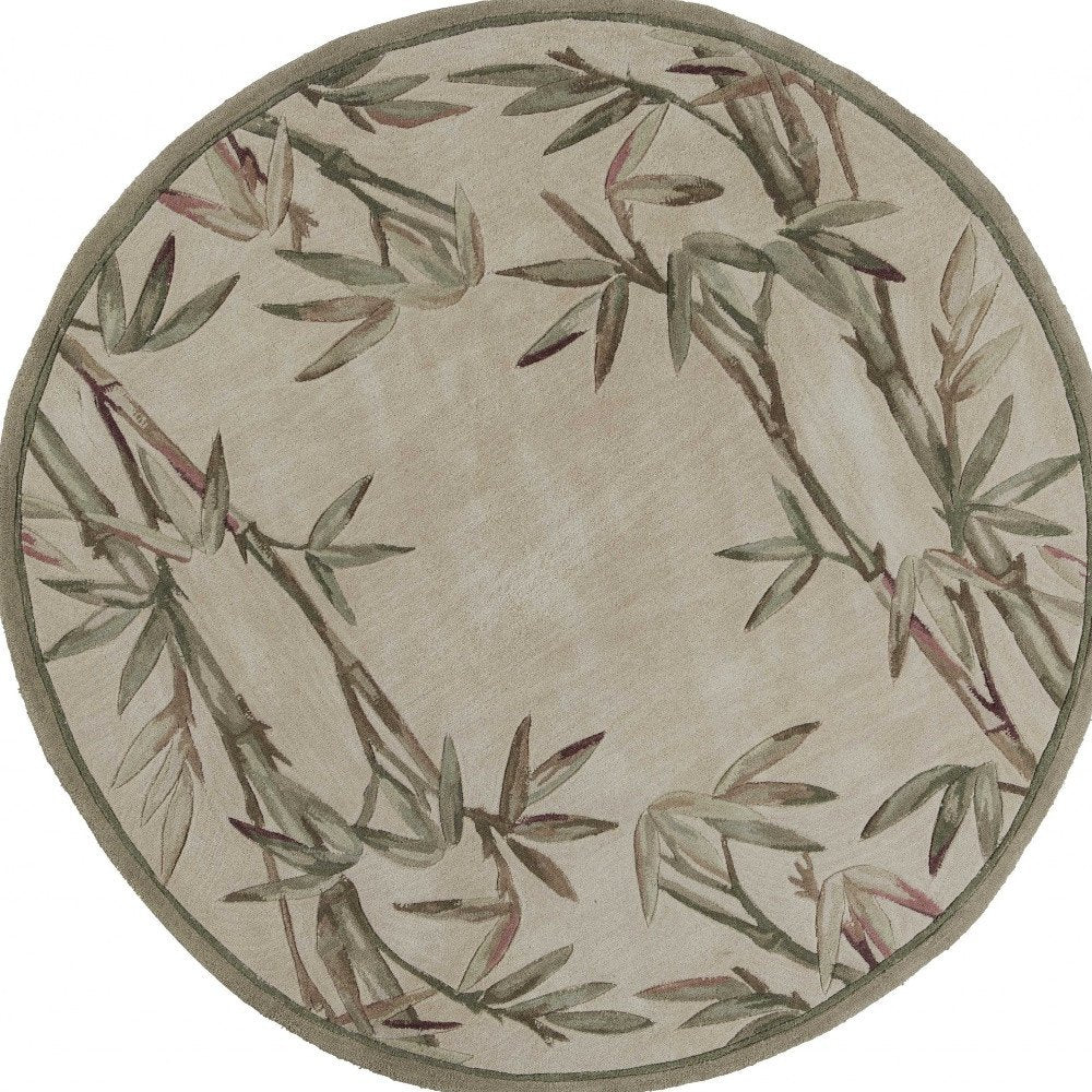 5' X 8' Ivory Green And Brown Wool Botanical Leaves Hand Tufted Area Rug