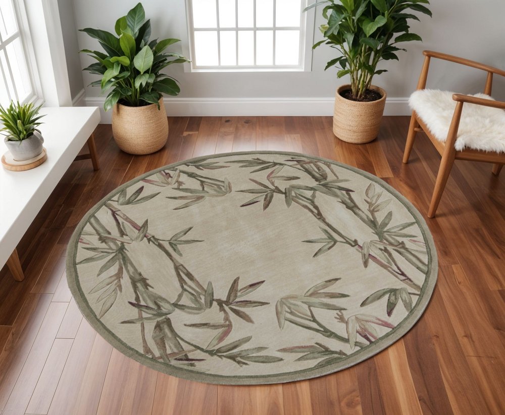 9' X 12' Ivory Green And Brown Wool Botanical Leaves Hand Tufted Area Rug