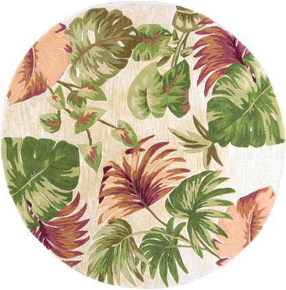 7' X 9' Beige Green And Pink Wool Botanical Leaves Hand Tufted Area Rug