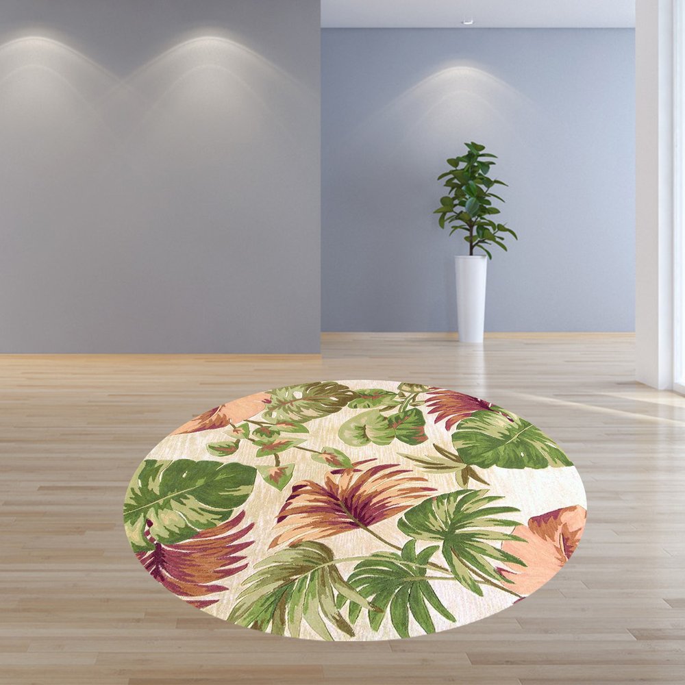 9' X 12' Beige Green And Pink Wool Botanical Leaves Hand Tufted Area Rug