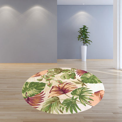 9' X 12' Beige Green And Pink Wool Botanical Leaves Hand Tufted Area Rug