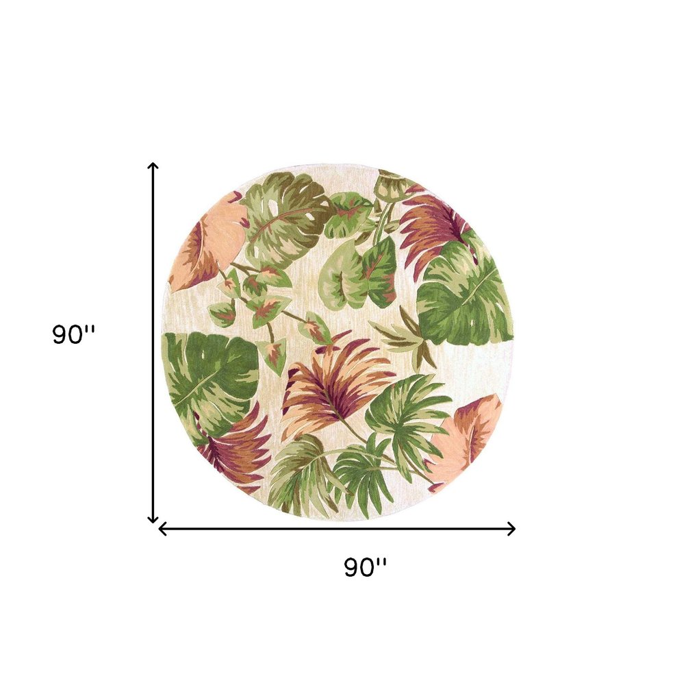 7' X 9' Beige Green And Pink Wool Botanical Leaves Hand Tufted Area Rug