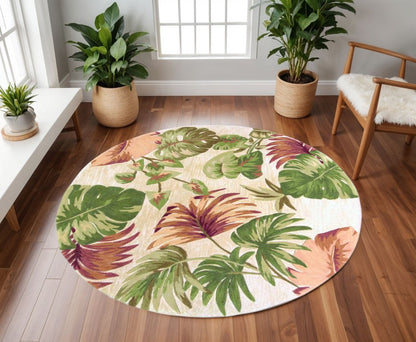 7' X 9' Beige Green And Pink Wool Botanical Leaves Hand Tufted Area Rug