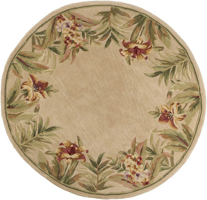5' X 8' Beige Red And Green Wool Tropical Floral Hand Tufted Area Rug