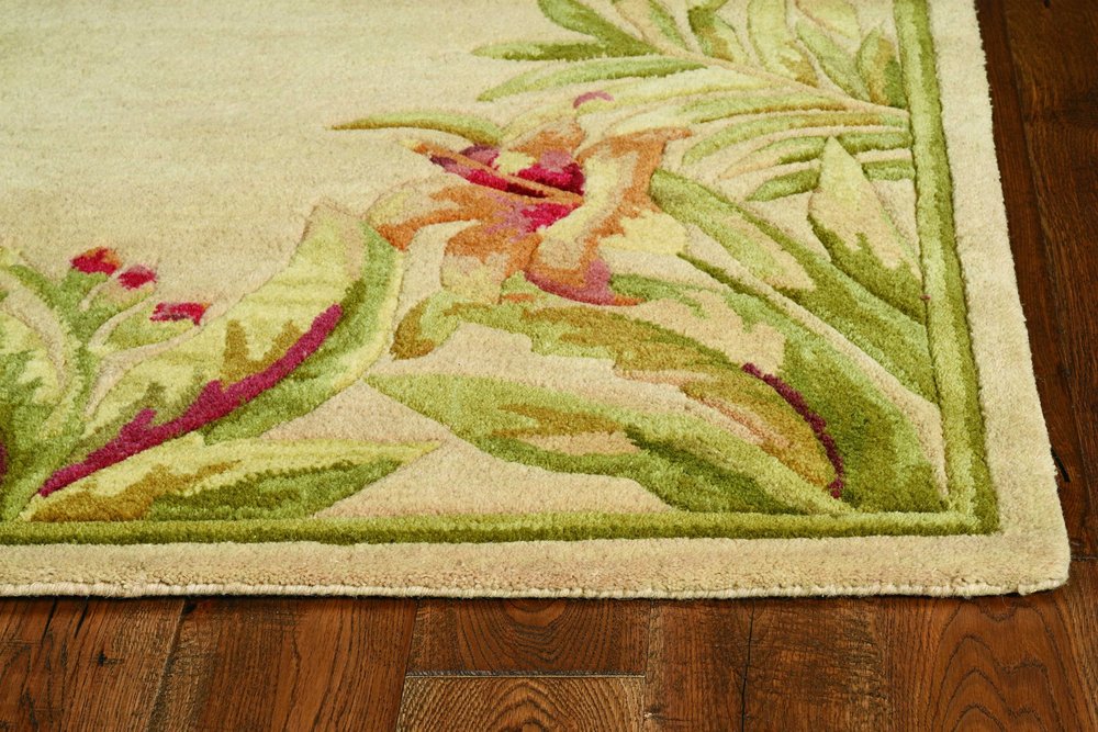 5' X 8' Beige Red And Green Wool Tropical Floral Hand Tufted Area Rug