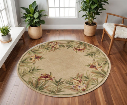 5' X 8' Beige Red And Green Wool Tropical Floral Hand Tufted Area Rug