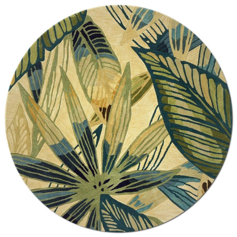5' X 8' Ivory Teal And Green Wool Tropical Botanical Hand Tufted Area Rug
