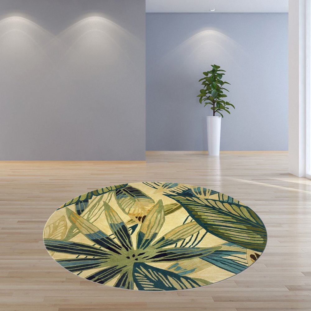 8' X 10' Ivory Teal And Green Wool Tropical Botanical Hand Tufted Area Rug