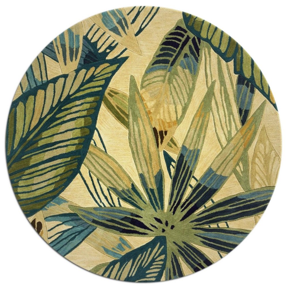8' X 10' Ivory Teal And Green Wool Tropical Botanical Hand Tufted Area Rug