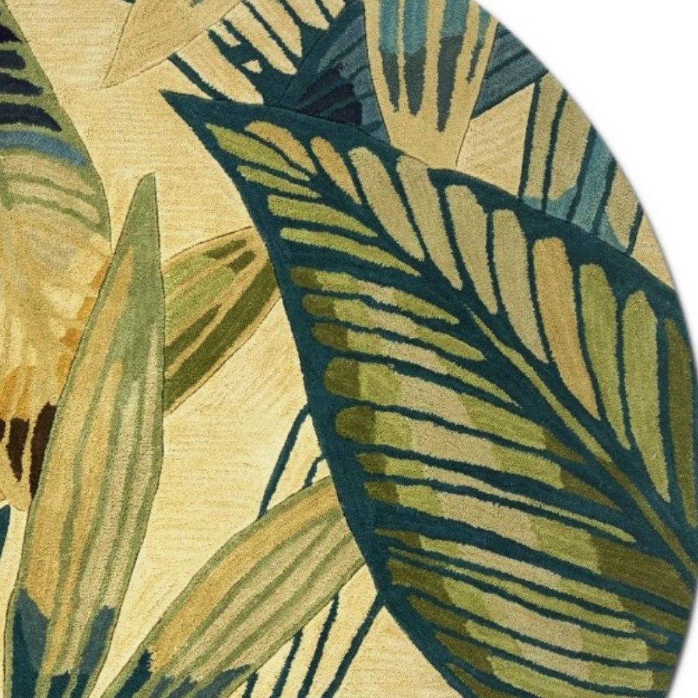 5' X 8' Ivory Teal And Green Wool Tropical Botanical Hand Tufted Area Rug