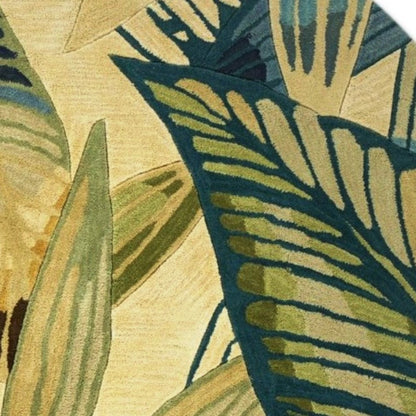 5' X 8' Ivory Teal And Green Wool Tropical Botanical Hand Tufted Area Rug