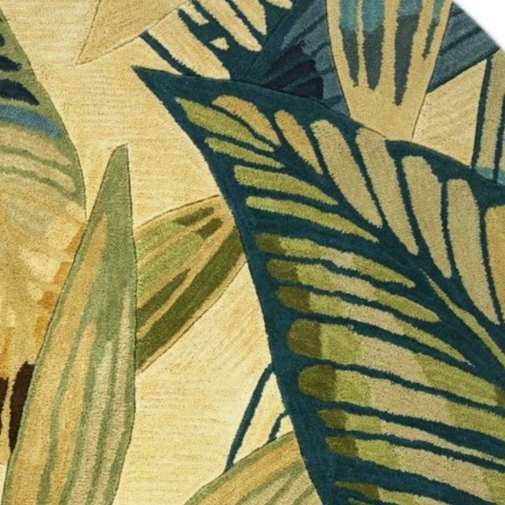 5' X 8' Ivory Teal And Green Wool Tropical Botanical Hand Tufted Area Rug
