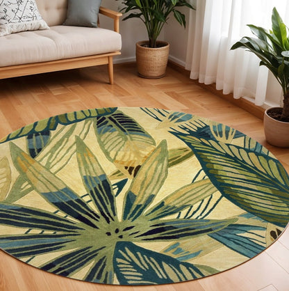 3' X 5' Ivory Teal And Green Wool Tropical Botanical Hand Tufted Area Rug