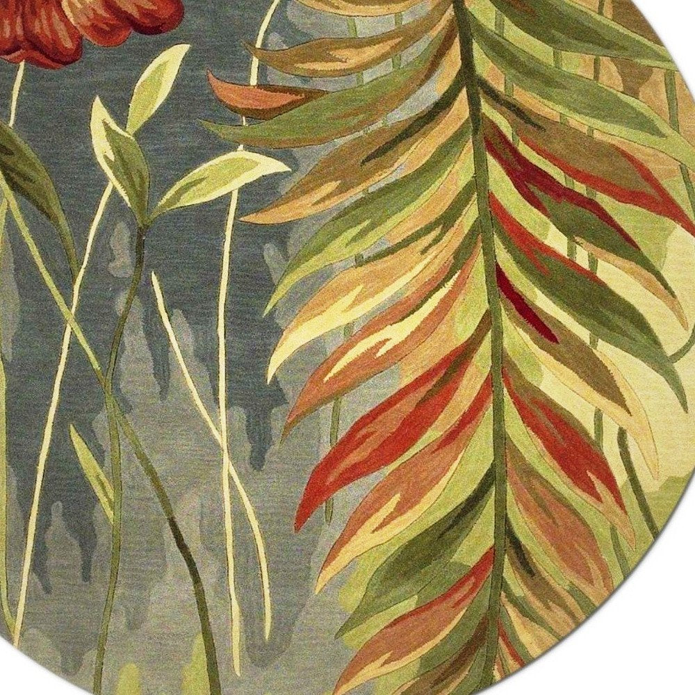 8' Blue And Green Round Wool Tropical Botanical Hand Tufted Area Rug